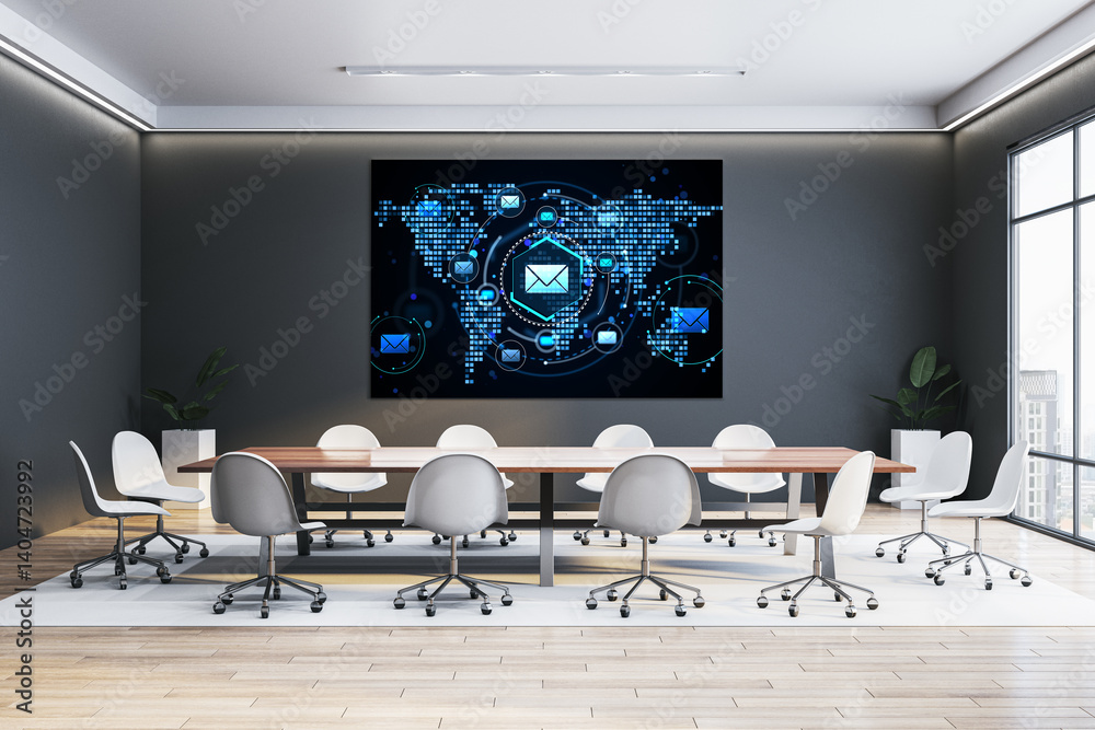 Poster Modern conference room with digital email network on world map screen, representing global communication and technology business concept. 3D Rendering