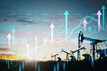 Oil pump jacks and financial chart hologram with rising arrows in double exposure concept of energy...