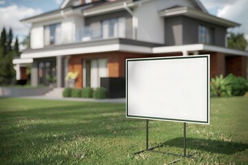 Blank white lawn sign with green border on suburban grass, modern house background, real estate or yard message concept

