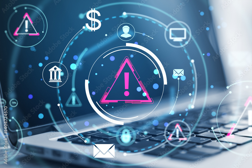 Aufkleber Cybersecurity warning icons and digital alerts over laptop keyboard with holographic interface emphasizing data protection and financial threats concept.