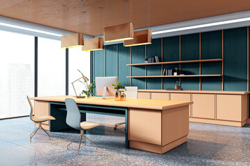 Modern executive office interior with luxury wooden furniture, minimalist decor, and panoramic city view through large glass windows. 3D Rendering