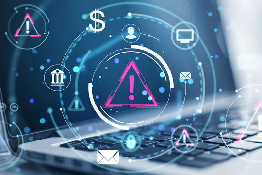 Cybersecurity warning icons and digital alerts over laptop keyboard with holographic interface emphasizing data protection and financial threats concept.