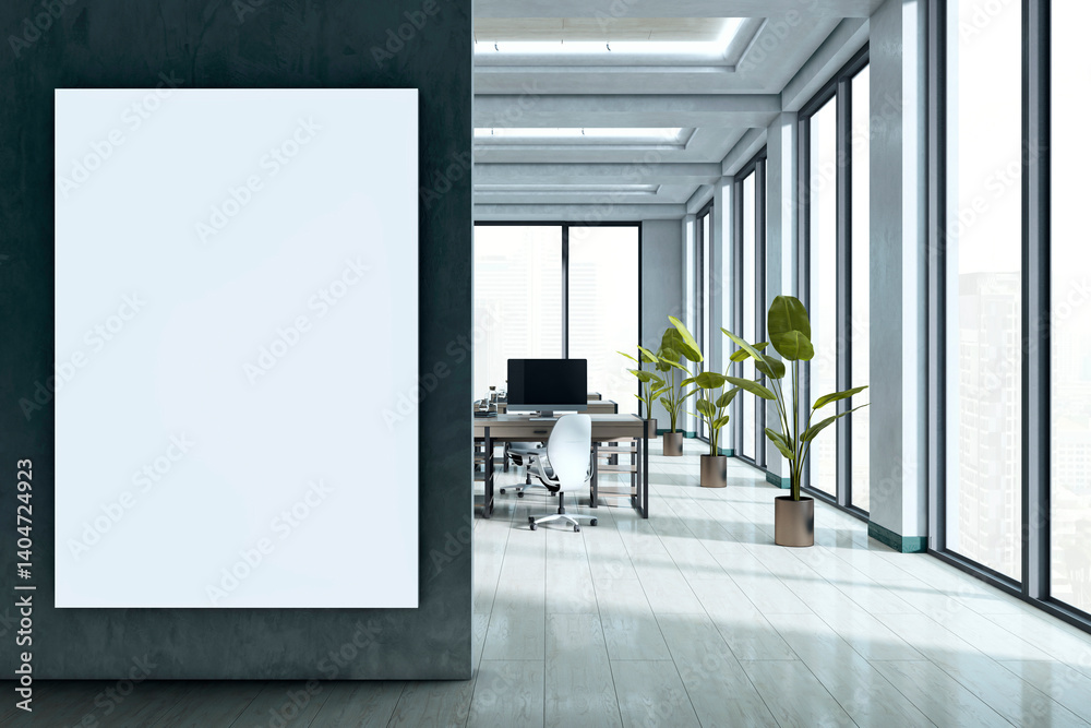 Aufkleber Modern corporate office interior with vertical mockup canvas on green wall and open workspace with large windows and plants in background.. 3D Rendering