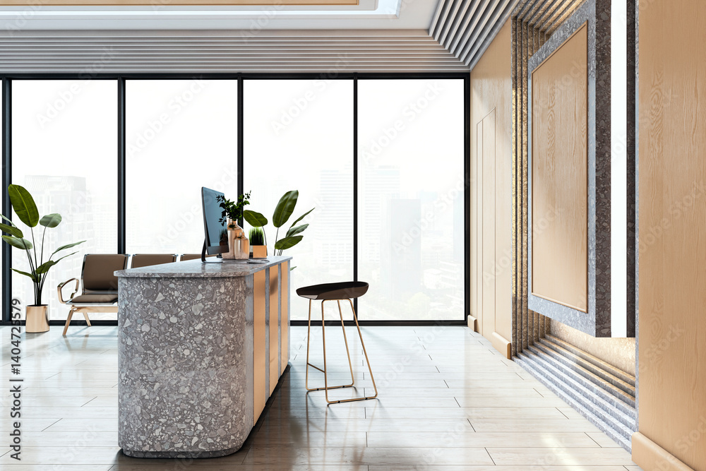 Aufkleber Modern reception area with terrazzo desk and large city view windows in a minimalist office lobby interior design concept workspace environment. 3D Rendering