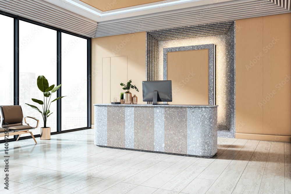 Poster modern reception desk in bright office lobby with large windows, stylish decor, and city view backgr