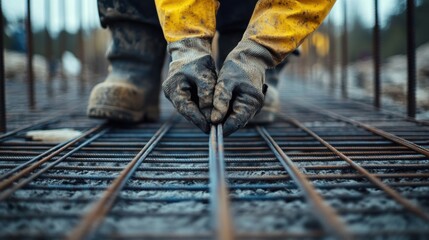 Steel rebar worker assembling reinforcement grid for concrete slab. Featuring strength and accuracy