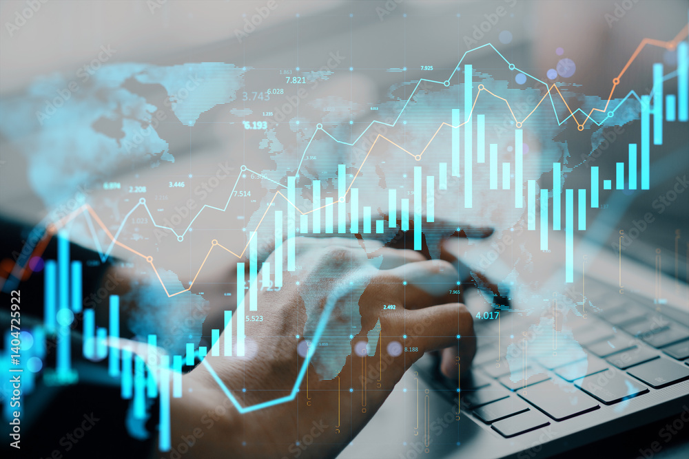 Aufkleber businessperson analyzing global stock market data on laptop with futuristic financial graphs and wor