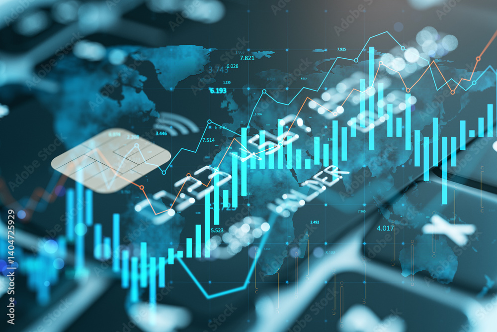 Poster Digital financial chart and data analysis interface with glowing blue hologram overlaid on keyboard and world map in double exposure style.