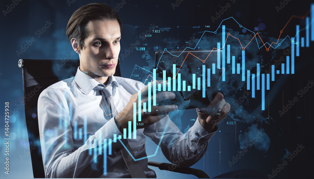 Poster Businessperson analyzing digital financial data on tablet with futuristic bar charts and graph interface in modern office setting at night.