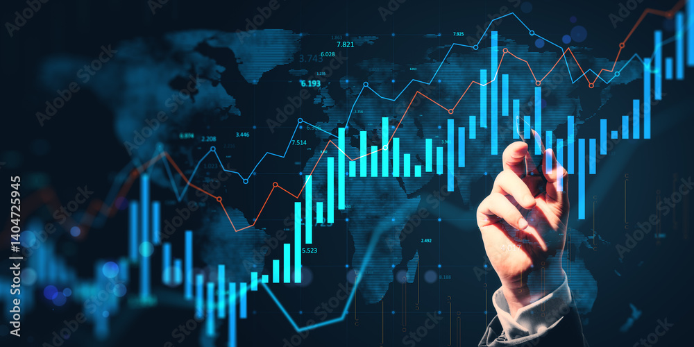 Poster Businessperson analyzing financial data with digital bar and line charts on dark background showing global economy concept visualization.