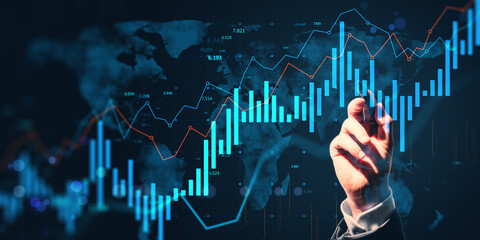 Businessperson analyzing financial data with digital bar and line charts on dark background showing global economy concept visualization.