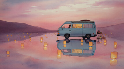 Obraz premium j. Hand-painted watercolor image of a calm mental wellness van oasis, with light trails from lanterns and soft pink skies reflecting in the water 