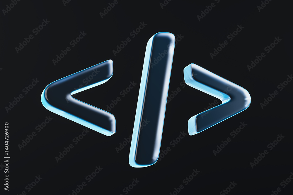 Poster Glossy 3D rendering of glowing blue code brackets on dark background symbolizing digital development and technology innovation concept. 3D Rendering
