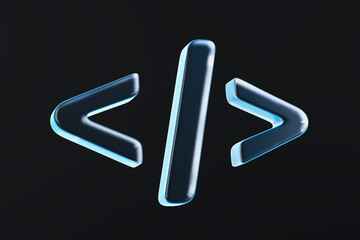 Obraz premium Glossy 3D rendering of glowing blue code brackets on dark background symbolizing digital development and technology innovation concept. 3D Rendering