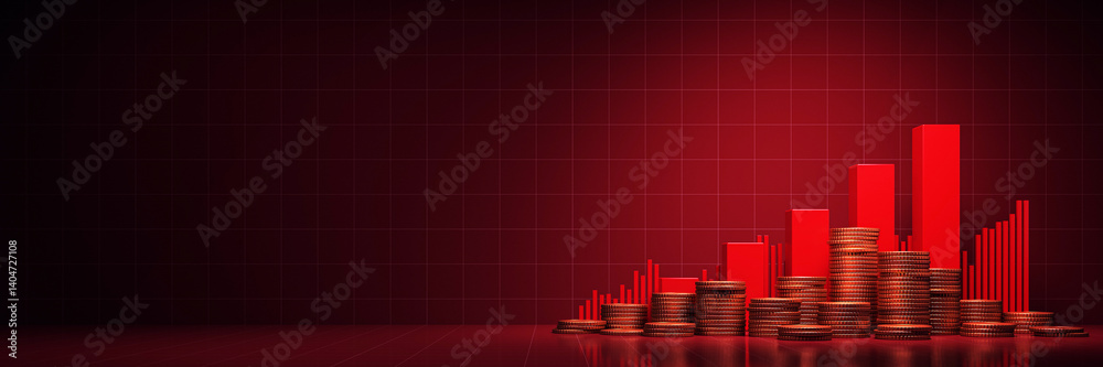 Poster A red background with a pile of coins and a graph. The graph is red and has a downward slope. 3D Rendering