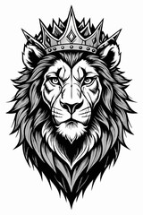 Obraz premium Majestic Lion Head Portrait with Crown of Thorns – Black and White Realistic Illustration.