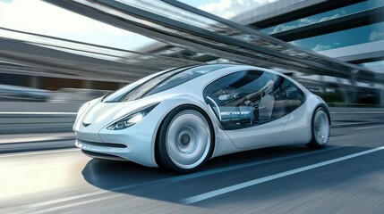 Obraz premium Futuristic white electric car speeding on city highway.