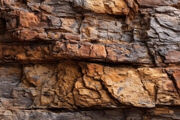 Fototapeta premium A captivating close-up view of layered rock formations, showcasing rich hues of brown, gray, and orange.