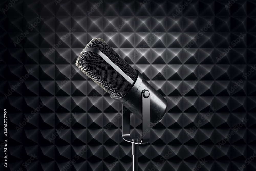 Poster Modern black microphone on stand angled left, isolated onblack background with soft light glow, technology concept scene. 3D Rendering