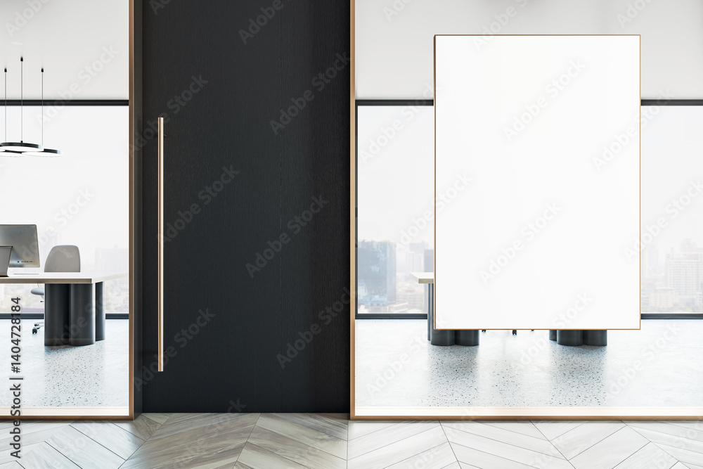 Poster modern office interior with large vertical blank canvas poster mockup on glass wall for clean busine