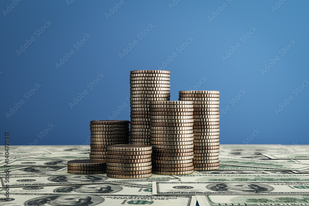 Poster stacks of golden coins arranged on scattered us dollar bills with a plain blue background illustrati