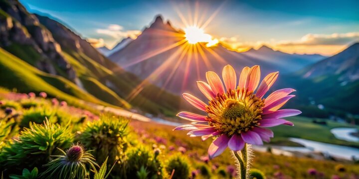 Sunrise Bloom: A vibrant pink wildflower stands in sharp focus against a majestic mountain backdrop, its petals kissed by the warm, golden rays of a rising sun.
