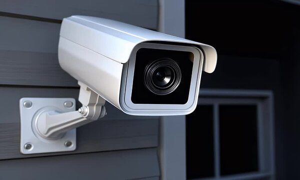 White security camera affixed to a gray wall with a visible lens and mounting. The background features windows