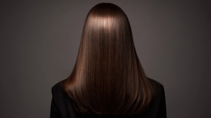Naklejka premium Beautiful model girl with Brown hair strand,silky healthy chestnut wavy hair strand,hair wavy ribbon, with smooth,Keratin straightening,Treatment,straight long hair,procedures,Smooth hairstyle.