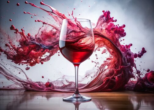 Crimson Swirls: A sophisticated glass of red wine captures the eye amidst a dramatic and artistic splash of crimson liquid, creating a captivating visual symphony.