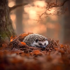 Hedgehog sleeps autumn forest