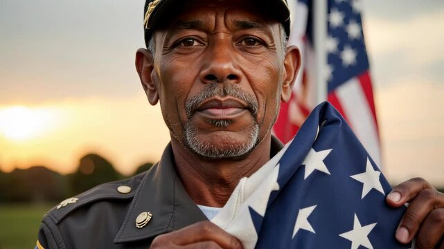 Senior veteran holding the american flag with pride at sunset - Powered by Adobe