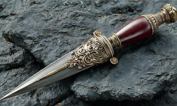 Ornate dagger with burgundy handle and silver filigree on rough stone