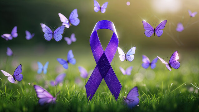 World Lupus Day. Purple awareness ribbon standing in grass and purple butterflies