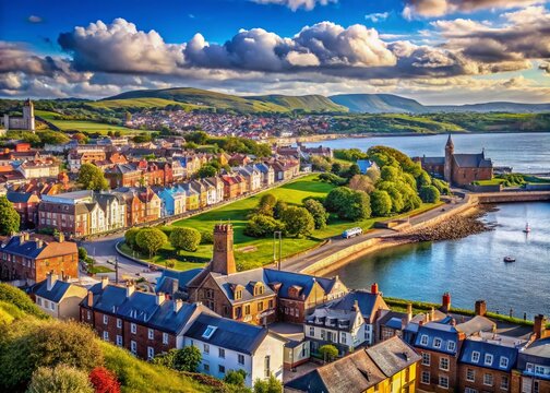 Coastal Town Panorama: A picturesque coastal town unfolds with colorful houses, a serene bay, and rolling green hills under a dramatic sky.