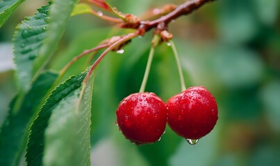ripe red cherries hanging on the branch, green leaves and water droplets on them, Generative AI