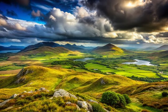 Irish Landscape: A dramatic and breathtaking vista of rolling green hills and sparkling lakes under a tumultuous sky, showcasing the rugged beauty of the Irish countryside.
