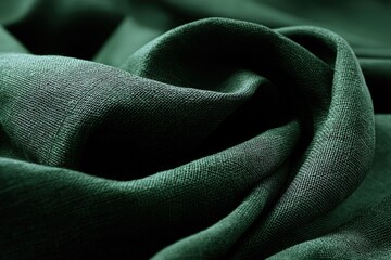A close-up of a draped fabric reveals rich textures and fluid folds, creating a luxurious composition, bathed in varying tones of deep emerald.