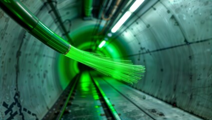 Fototapeta premium Fiber optic cable tunnel. Green fiber optic cable glowing in a dark underground tunnel.