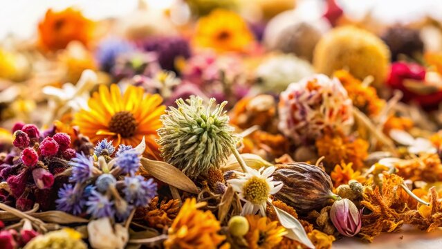 Dried Flower Medley: A vibrant assortment of dried flowers and seed pods, showcasing intricate textures and a spectrum of warm hues, creates a visually captivating mosaic.