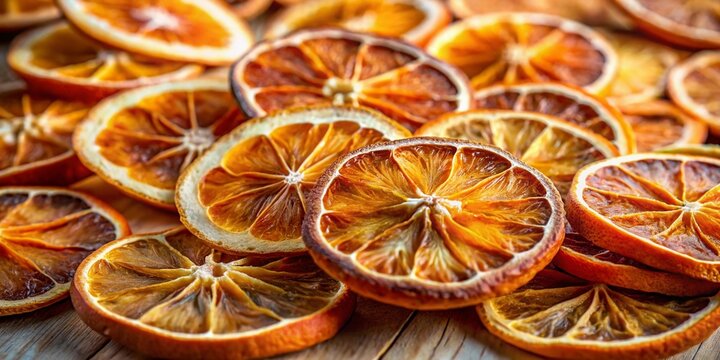 Dried Orange Slices: A vibrant collection of thinly sliced dried oranges, showcasing their intricate patterns and rich, earthy tones, ideal for culinary creations or decorative accents.