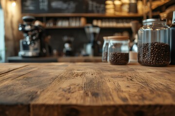 Rustic wooden coffee bar surface for product placement with coffee beans displayed in glass jars