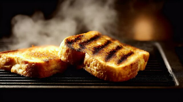 Golden, grilled bread with rising steam, on a black grill. Mouthwatering and delicious!