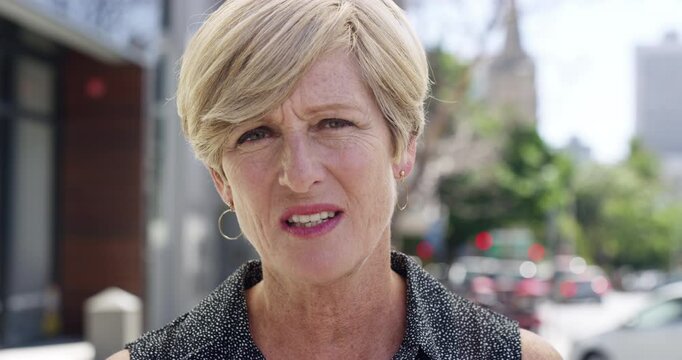 Street, interview and woman in city talking with question, answer and conversation about language. Media, survey and multilingual person with communication in English, German, French and Chinese