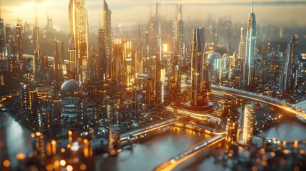 Fototapeta premium Futuristic Cityscape at Sunset: A Vision of Tomorrow's Metropolis