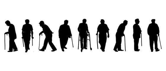 silhouette of s set set of an old man walking using a cane aid