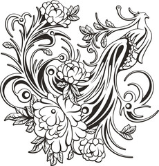Vector Chinese ornamental peacock gorgeous design with flowers, leaves and swirls. Exquisite decorative luxury design, typical for Asian cultural tradition. Vinyl-ready, black and white.