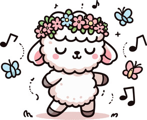 Lamb’s Flower Crown Parade. Cartoon Illustration.