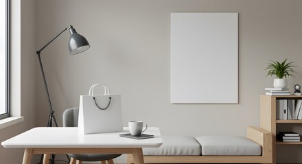 Minimalist home office mockup light gray walls