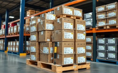 Stacked Cardboard Boxes in a Busy Warehouse, Ready for Shipment. Logistics and Distribution Center.