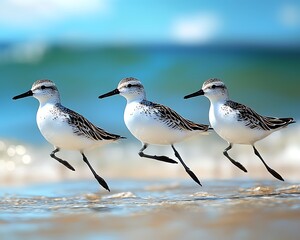 Three sandpipers beach run ocean.